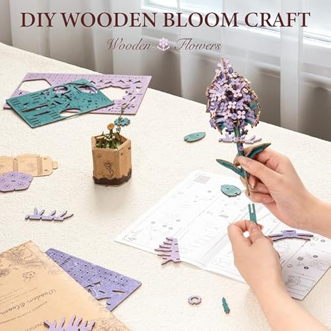 WOODEN FLOWER 3D PUZZLE TW021 LILAC, PURPLE GIFTS IDEA, 30-MINUTE CRAFTS FOR ADULTS & TEENS, ARTIFICIAL FLOWER DECORATIONS, BIRTHDAY/VALENTINE'S DAY - Image 3